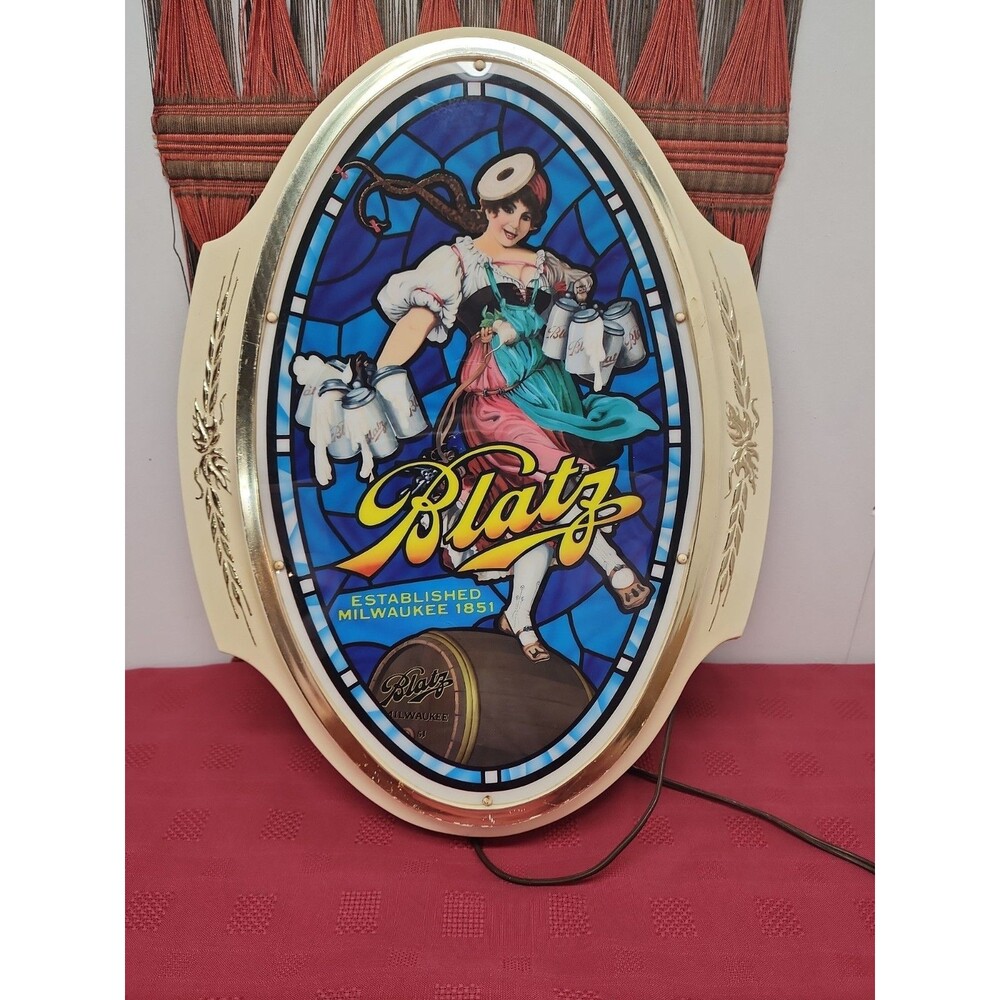 VTG 1960s Blatz Beer Sign Lighted Valerie The Barmaid Faux Stained Glass Working